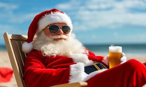 Summer Beach Video of Santa Claus in Classic Outfit with Sunglasses, Sitting on Deck Chair Holding Beer &ndash; Sand and Blue Sky with White Clouds