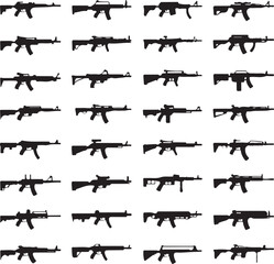 Extensive array of rifle and gun silhouettes on white background weapon firearm