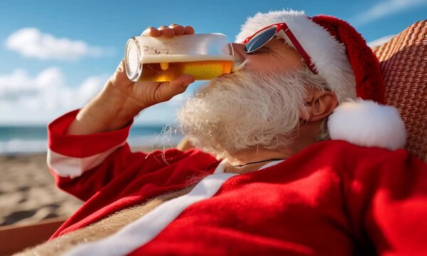Summer Beach Video of Santa Claus in Classic Outfit with Sunglasses, Sitting on Deck Chair Holding Beer &ndash; Sand and Blue Sky with White Clouds