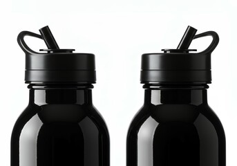 Glossy black stainless steel water bottles with curved handle lids and straw spouts for premium hydration solution in fitness and lifestyle market