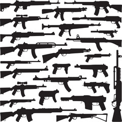 Diverse collection of rifle and gun silhouettes on white background weapon firearm