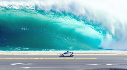 Giant Wave Crashing Near Car on Coastal Road