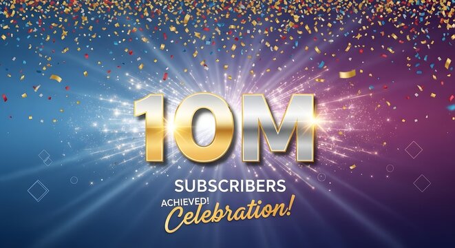 Golden 10 million subscribers celebration with sparkles and confetti on a blue and purple background - Powered by Adobe