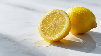 Freshly Cut Bright Yellow Lemon on White Marble Countertop
