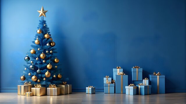 Elegant Christmas Tree with Gold Ornaments and Blue Wrapped Gifts Against a Blue Wall