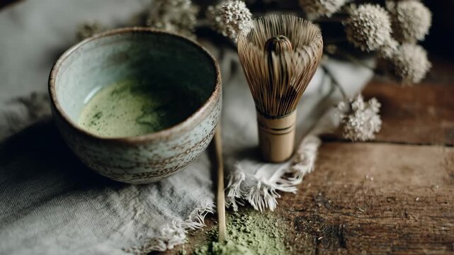 still life, green tea drink in a bowl, green tea maker set