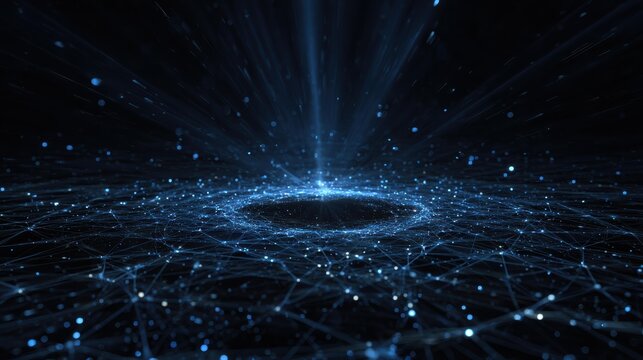 Glowing blue circular web structure on dark background symbolizing universe data network, abstract tech vector background.