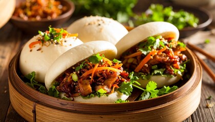 Delicious Asian steamed bao buns with savory pulled pork filling and fresh vegetables served in a traditional bamboo steamer.
