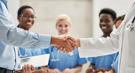 Medical professionals shaking hands after successful collaboration in a modern healthcare setting