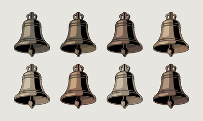 Collection of Eight Ornate Bronze Bells with Clappers