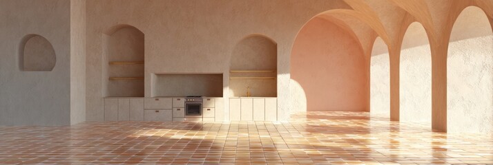 Beige archway interior with terracotta floor