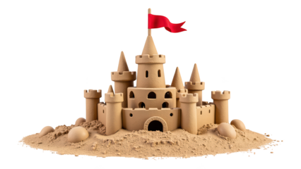 Detailed sandcastle with red flag, surrounded by sand, showcasing whimsical design and playful elements