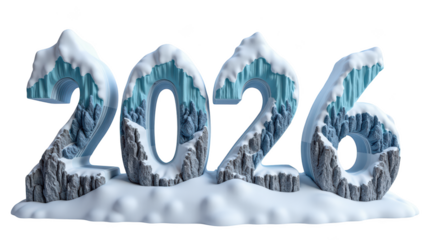 Snowy icy 2026 winter mountains cold landscape 3D numbers frost