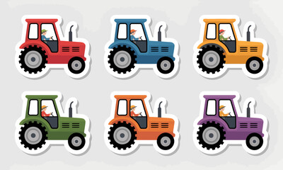 Colorful Tractor Stickers with Driver: Red, Blue, Yellow, Green, Orange, and Purple