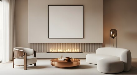 Elegant modern living room with a minimalist fireplace and two stylish armchairs around a copper coffee table