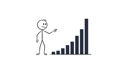 Stick figure presenting positive business growth chart on a white background