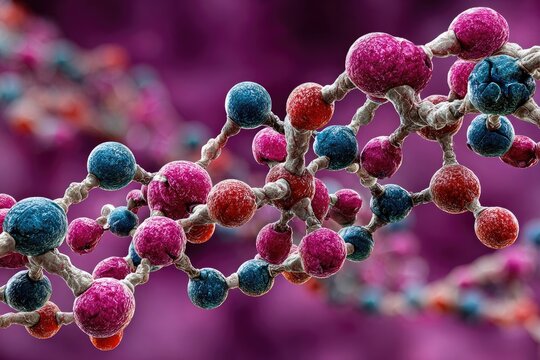 Complex double helix molecular structure, close-up. Colorful spheres linked by connecting lines, bokeh purple background - Powered by Adobe