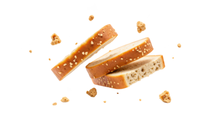 Fresh bread slices with sesame seeds, floating with crumbs, create delightful and appetizing scene