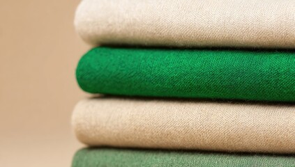 Stacked textiles in various shades of green and beige.  Close-up view of folded fabrics