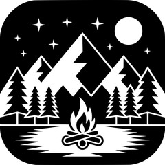 Fototapeta premium Camping Silhouette: A graphic silhouette showcases a serene campsite at night, featuring a crackling campfire beneath a starlit sky and majestic mountains.
