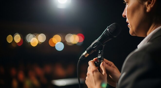 Empowering Oratory: A poised presenter delivers a compelling speech under the focused glow of a spotlight, engaging the audience with conviction and expertise.