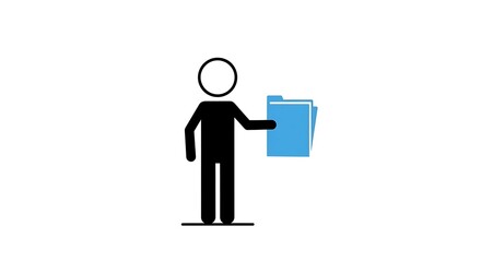 Stick figure holding document folder, simple flat design illustration isolated on white background