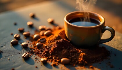Close-up of freshly ground coffee, scattered whole coffee beans, and a steaming ceramic cup of dark roast coffee on a textured slate background, illuminated by warm morning sunlight.