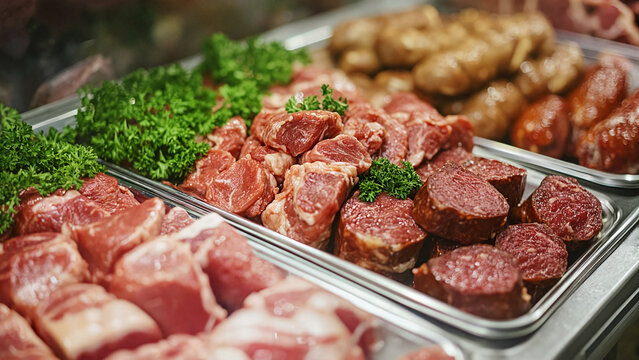 raw meat selection in butcher's case, E-commerce product listing, butcher shop promo, food retail catalogs, Grocery website visuals, packaging mockups, recipe blog headers