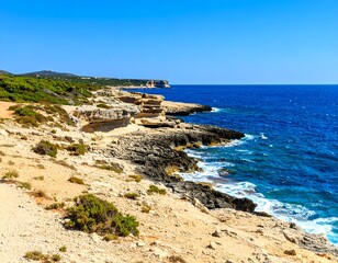 Coastal landscape with rocky shoreline and a clear blue sea
