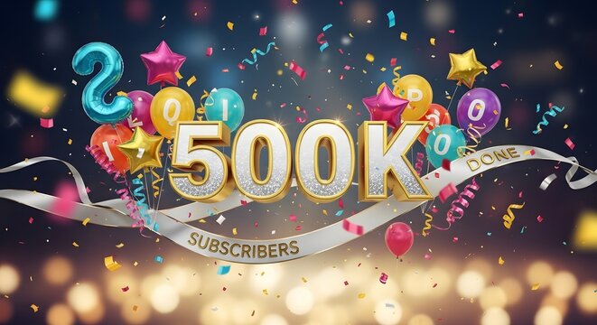 Shiny golden 500k number balloons with confetti and bokeh lights celebrating a milestone achievement