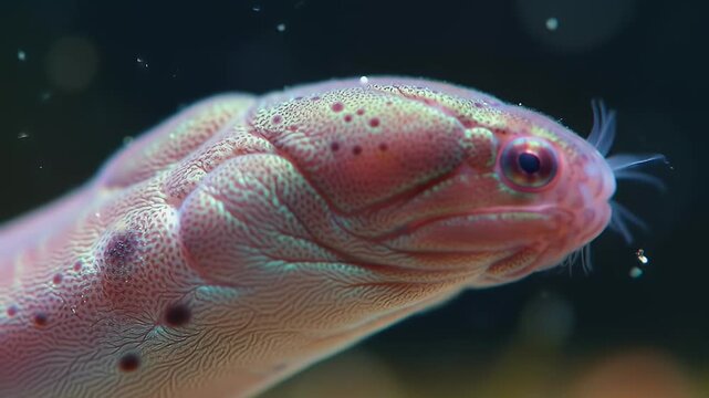 Close-up Profile of a Pale Aquatic Cave Salamander with Distinct External Gills in Dark Water