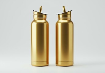 Luxurious gold metallic insulated water bottles with flip-top straw lids showing open and closed positions on gradient background for product showcase