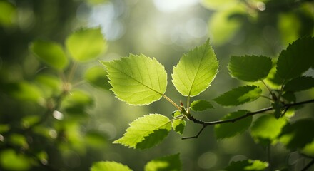 Fresh green birch leaves illuminated by natural sunlight on branch with blurred bokeh forest background, spring nature and environmental conservation concept