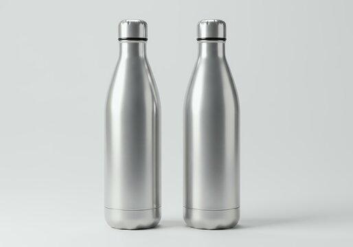 Matte silver stainless steel vacuum insulated water bottles with black ring on light background, elegant reusable thermal drinkware for active lifestyle