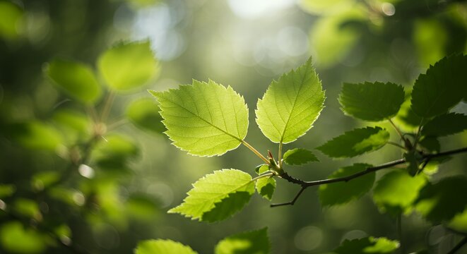 Fresh green birch leaves illuminated by natural sunlight on branch with blurred bokeh forest background, spring nature and environmental conservation concept