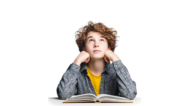 Young mind surrounded by question marks and book icons