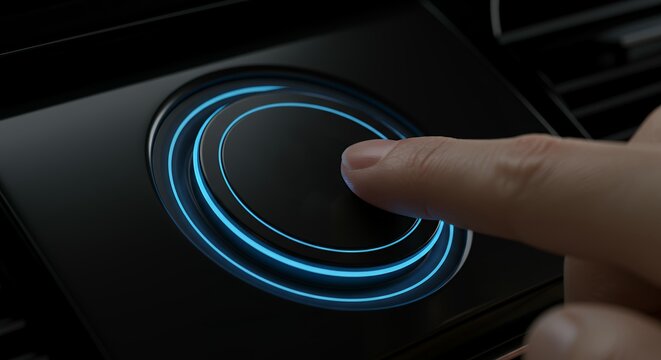 Human finger pressing futuristic blue illuminated circular touch button interface with concentric rings on dark surface - Powered by Adobe