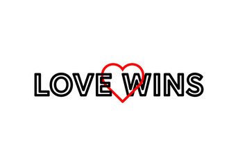 Love wins text with a red heart isolated on white background