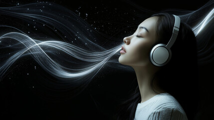Asian woman listening to music surrounded by abstract background and white wavy light. Music party promotional video. White dynamic sound wave and abstract digital light effect.