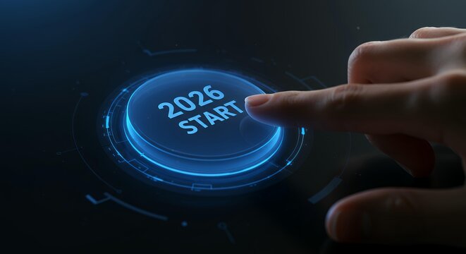 Businessman finger about to press glowing blue 2026 start button on futuristic holographic digital interface display