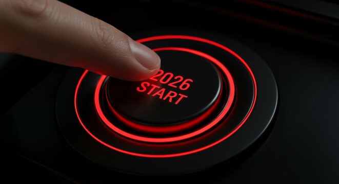 Close-up finger pressing illuminated red 2026 start button with glowing concentric rings for new year launch activation - Powered by Adobe