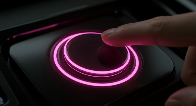 Close-up of finger pressing large circular pink illuminated 2026 START button with glowing rings, symbolizing new beginning and digital interface activation
