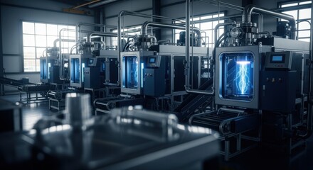 Factory layout of multiple plasma arc reactor skids arranged for mass production highlighting scalable wastetoenergy solutions.