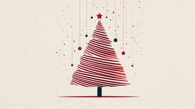 Abstract Christmas tree with red stripes, star, and hanging ornaments, minimalist modern illustration ideal for wallpaper, poster, festive decor - Powered by Adobe
