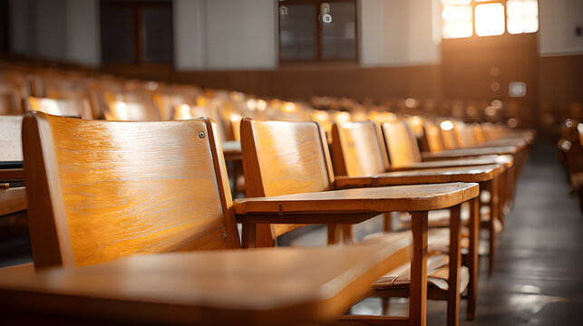Rows of rustic empty chairs. Empty classroom, lecture hall. School assembly hall, empty classroom seating chairs row. Classroom design empty wooden pews, chairs. Empty auditorium rows of chairs