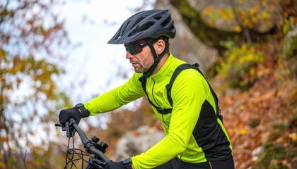 Focused male athlete mountain biking on a challenging trail through an autumn forest landscape.