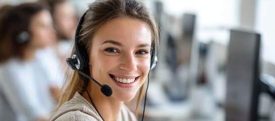 Smiling female call center agent with headset in busy modern office, perfect for customer service visuals, corporate communication, and professional client assistance themes