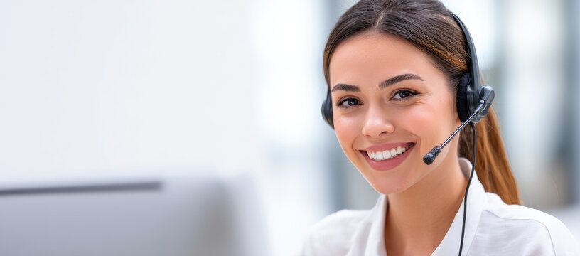 Smiling female call center representative with headset in modern office, ideal for customer service themes, corporate communication, and professional client support visuals