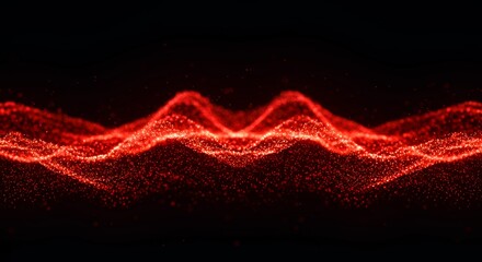 Red glowing particle waves flowing horizontally with luminous peaks on black background for abstract technology and energy visualization designs