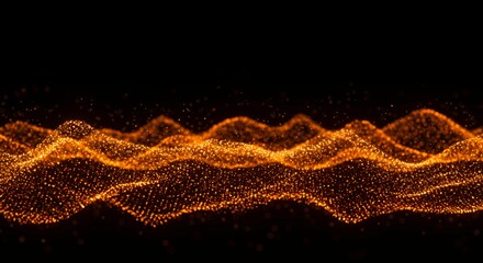 Golden orange particle waves flowing horizontally with bright glowing layers on black background for abstract energy and technology visualization